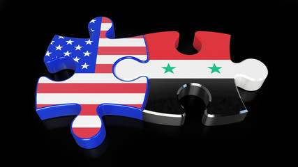 Syria and United States flags on puzzle pieces. Political relationship concept.