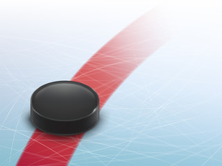 Fototapeta premium Vector 3d realistic hockey background, mock up for ad banner, poster. Template for sport event, bets site, competition. Black rubber puck on the blue ice with traces from skates.