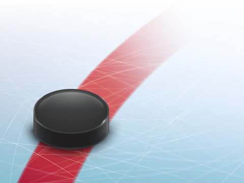 Vector 3d realistic hockey background, mock up for ad banner, poster. Template for sport event, bets site, competition. Black rubber puck on the blue ice with traces from skates.
