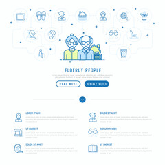 Elderly people concept with thin line icons: grandmother, grandfather, glasses, slippers, knitting, rocking chair, hearing aid, flowers. Modern vector illustration, web page template.