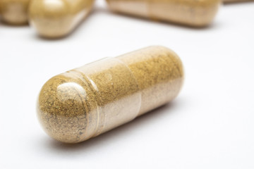 Fototapeta na wymiar Herbal Drug. Close up Herbal medicine in clear capsule.