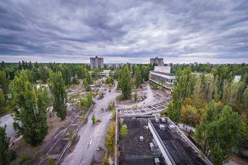 Central square in abandoned Pripyat city in Chernobyl Exclusion Zone, Ukraine