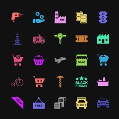 Modern Simple Colorful Set of transports, industry, shopping Vector fill Icons. Contains such Icons as factory,  industry, transportation and more on dark background. Fully Editable. Pixel Perfect