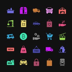 Modern Simple Colorful Set of transports, industry, shopping Vector fill Icons. Contains such Icons as  cash,  virtual, cashier,  golden, car and more on dark background. Fully Editable. Pixel Perfect
