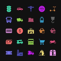 Modern Simple Colorful Set of transports, industry, shopping Vector fill Icons. Contains such Icons as  speed, construction,  plant,  banner and more on dark background. Fully Editable. Pixel Perfect