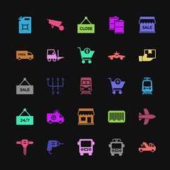 Modern Simple Colorful Set of transports, industry, shopping Vector fill Icons. Contains such Icons as  travel,  metrobus,  can, airplane and more on dark background. Fully Editable. Pixel Perfect