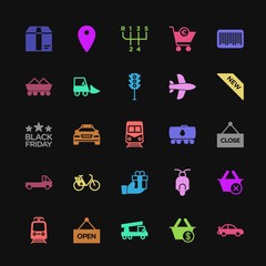 Modern Simple Colorful Set of transports, industry, shopping Vector fill Icons. Contains such Icons as  back,  motor,  location,  car, tram and more on dark background. Fully Editable. Pixel Perfect