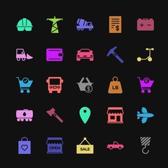 Modern Simple Colorful Set of transports, industry, shopping Vector fill Icons. Contains such Icons as truck, airplane,  check,  city,  woman and more on dark background. Fully Editable. Pixel Perfect