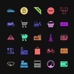 Modern Simple Colorful Set of transports, industry, shopping Vector fill Icons. Contains such Icons as  bicycle,  glass,  business, cashier and more on dark background. Fully Editable. Pixel Perfect