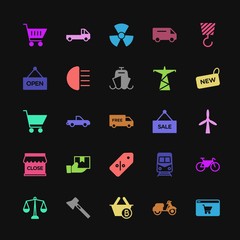 Modern Simple Colorful Set of transports, industry, shopping Vector fill Icons. Contains such Icons as truck, motorbike,  metro, cart,  buy and more on dark background. Fully Editable. Pixel Perfect