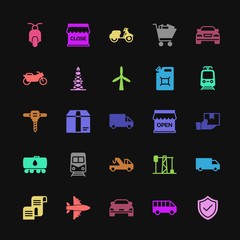 Modern Simple Colorful Set of transports, industry, shopping Vector fill Icons. Contains such Icons as  purchase,  motorcycle,  minibus, bus and more on dark background. Fully Editable. Pixel Perfect