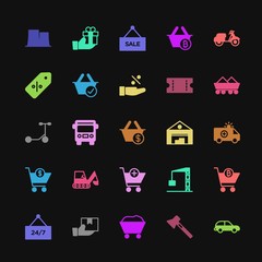 Modern Simple Colorful Set of transports, industry, shopping Vector fill Icons. Contains such Icons as  box,  sale,  hatchback,  sign,  bank and more on dark background. Fully Editable. Pixel Perfect