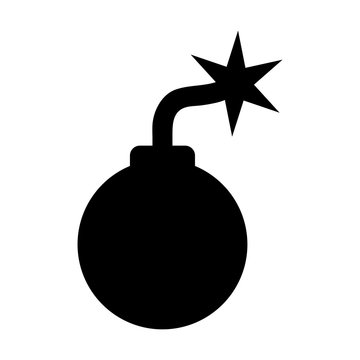 Simple, flat, black cartoon bomb silhouette icon. Isolated on white