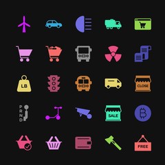 Modern Simple Colorful Set of transports, industry, shopping Vector fill Icons. Contains such Icons as  auto,  golden,  empty,  sticker, shop and more on dark background. Fully Editable. Pixel Perfect