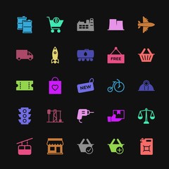 Modern Simple Colorful Set of transports, industry, shopping Vector fill Icons. Contains such Icons as  can, money,  shop,  bitcoin,  plant and more on dark background. Fully Editable. Pixel Perfect