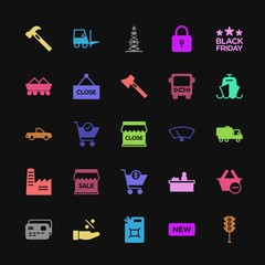 Modern Simple Colorful Set of transports, industry, shopping Vector fill Icons. Contains such Icons as basket,  production,  message, finance and more on dark background. Fully Editable. Pixel Perfect