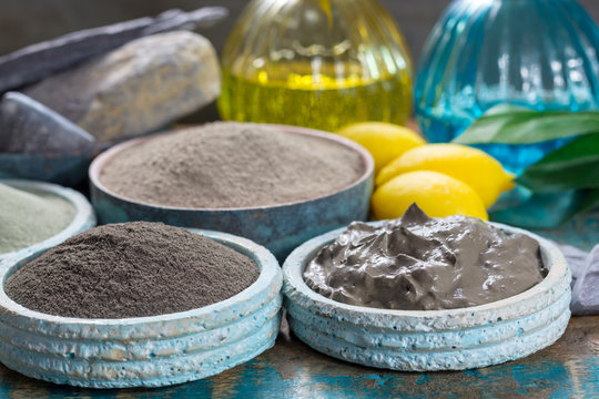 Ancient nature minerals, different types of clay used for skincare, spa treatments, face masks, gray, black, green and blue mud, close up