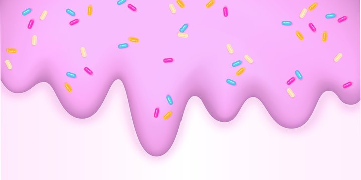 Melting ice cream sprinkled with icing 3d pink border isolated on a white background Sweet delicacy Vector