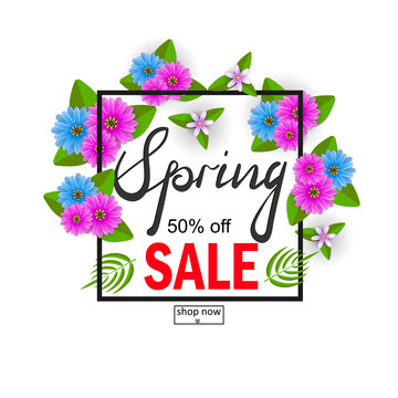 spring sale background with flowers. Vector Illustration
