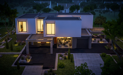 3d rendering of modern house in the garden at night