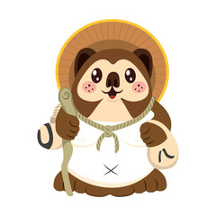 Obraz premium Cute fat Japanese traditional tanuki mascot character with hat and sake bottle