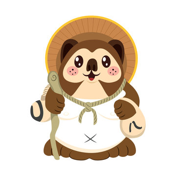 Cute fat Japanese traditional tanuki mascot character with hat and sake bottle
