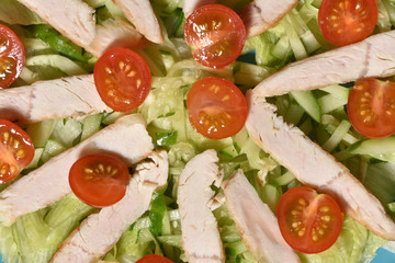 Salad from vegetables, cherry tomatoes, cucumbers, lettuce and turkey meat