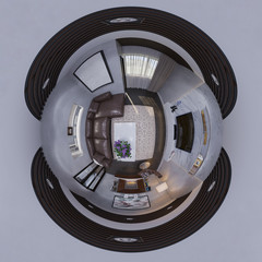 3d illustration 360 degree spherical seamless panorama of the interior design living room. The style of the apartment is modern in gray and white colors. Render for virtual reality