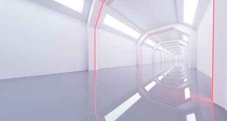 3D rendering of white sci-fi empty futuristic corridor with reflection