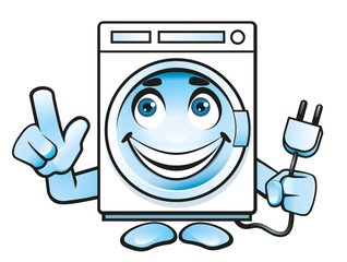 Waschmaschine mit lächelndem Gesicht zeigt Stecker und Hand Achtung