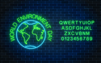 Glowing neon sign of world environment day with globe symbol and alphabet. Earth day neon banner.