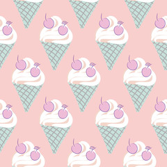 Ice cream cone seamless vector pattern. Pastel cream colors texture.