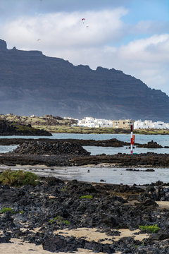 Landscape Lanzarote island, north shore, view on Orzola village
