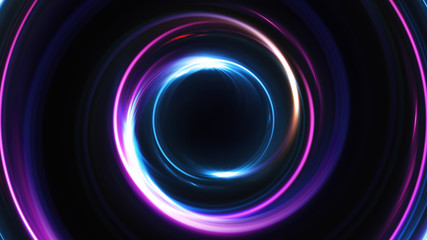 Abstract 3d illustration neon background. luminous swirling. Glowing spiral cover. Black elegant. Halo around. Power isolated. Sparks particle.Space tunnel. LED color ellipse. Glint glitter. - obrazy, fototapety, plakaty