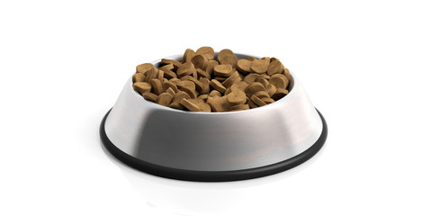 Dogs' dry food in a metal bowl isolated on white background. 3d illustration