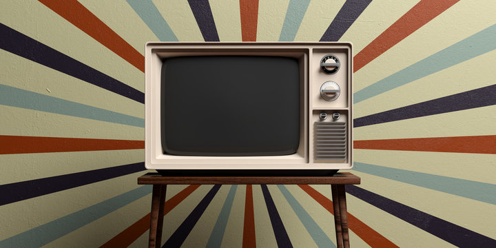 Retro old tv on circus vintage wall background. 3d illustration