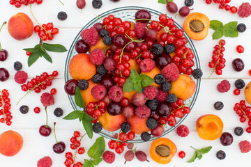 Fresh and sweet summer berries in plate on white background. Raspberry, blackberry, redcurrant, currant, gooseberry,  apricot, cherry and mint. Top view.