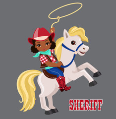 Cowgirl riding a horse with lasso.
Vector illustration isolated on gray  background.
