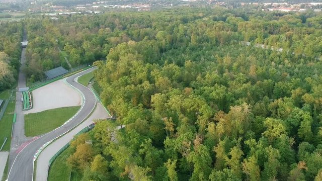 flying over the monza circuit with drone on sunset