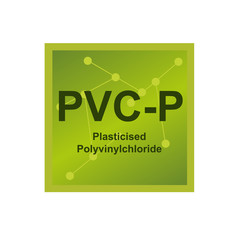 Vector symbol of Plasticised Polyvinylchloride (PVC-P) polymer on the background from connected macromolecules