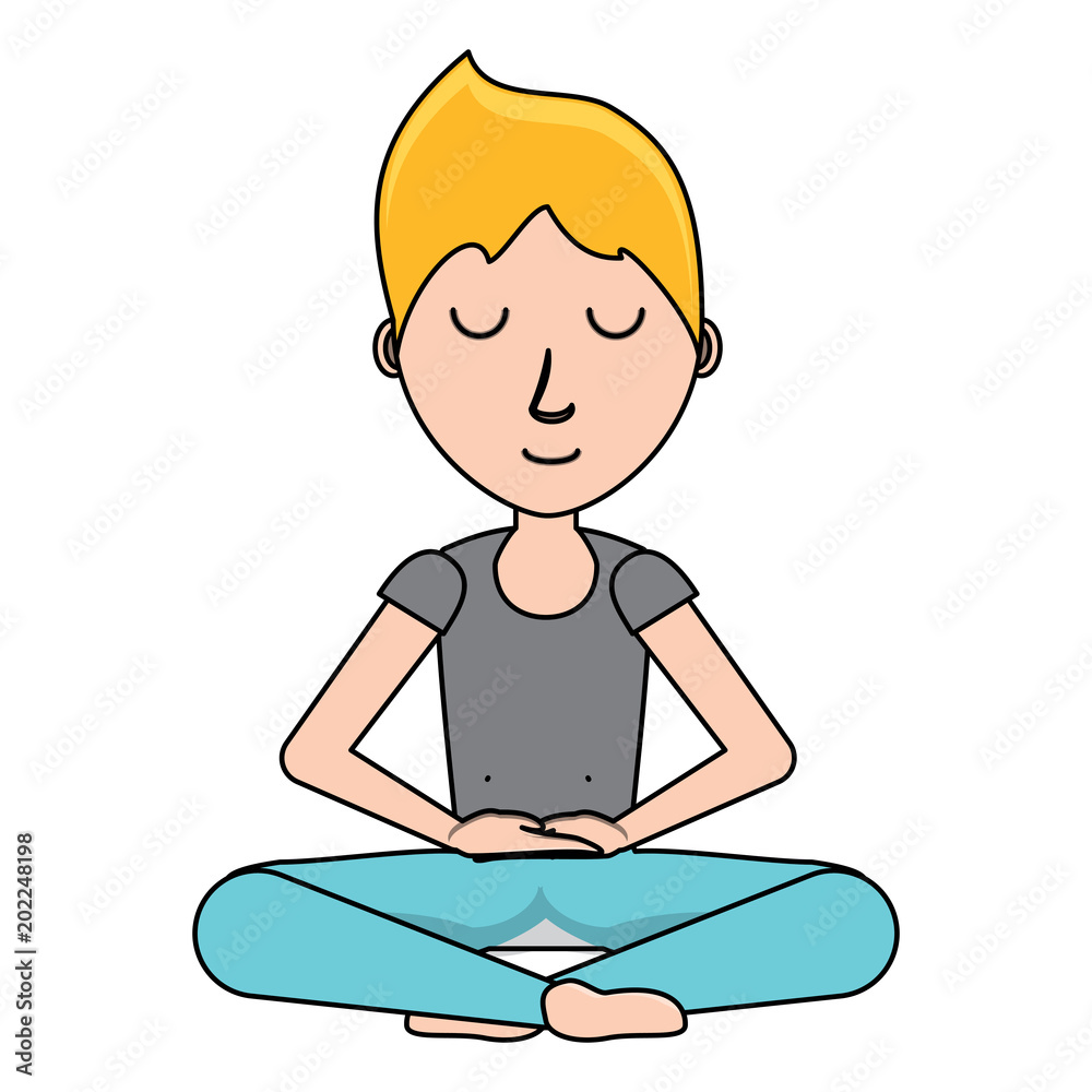 Poster cartoon man doing lotus position over white background, colorful design. vector illustration