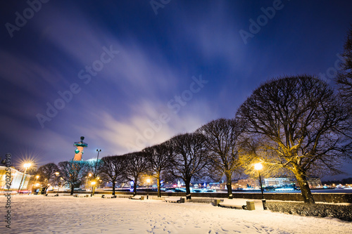 Benches Under Snow Along Walkway Trees And Street Lights On