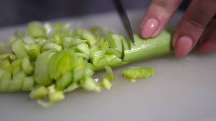 Chef cutting fresh Leek in kitchen
