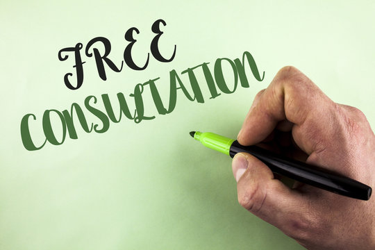 Text sign showing Free Consultation. Conceptual photo asking someone expert about confusion inquiry Get advice written by Man holding Marker in Hand on plain background.