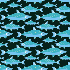 Obraz premium Seamless pattern in ethnic style with the image of northern species of fish. Colorful vector background.