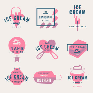 Set of ice-cream shop labels, logotypes and design elements. Vintage collection of different ice cream elements. Cold desserts and ice cream objects. Vector elements for design. Ice cream silhouettes.