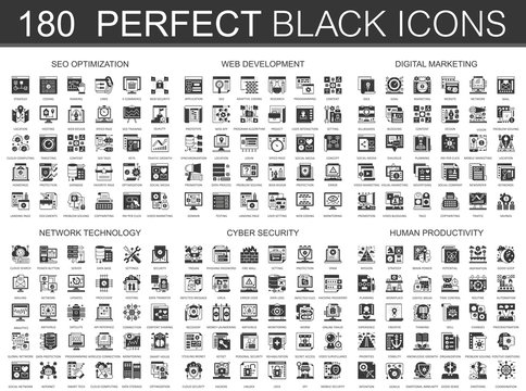 180 seo optimization, web development, digital marketing, network technology, cyber security, human productivity classic black mini concept icons and infographic symbols set.