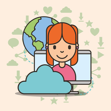 cute girl on computer screen cloud storage and world social media vector illustration