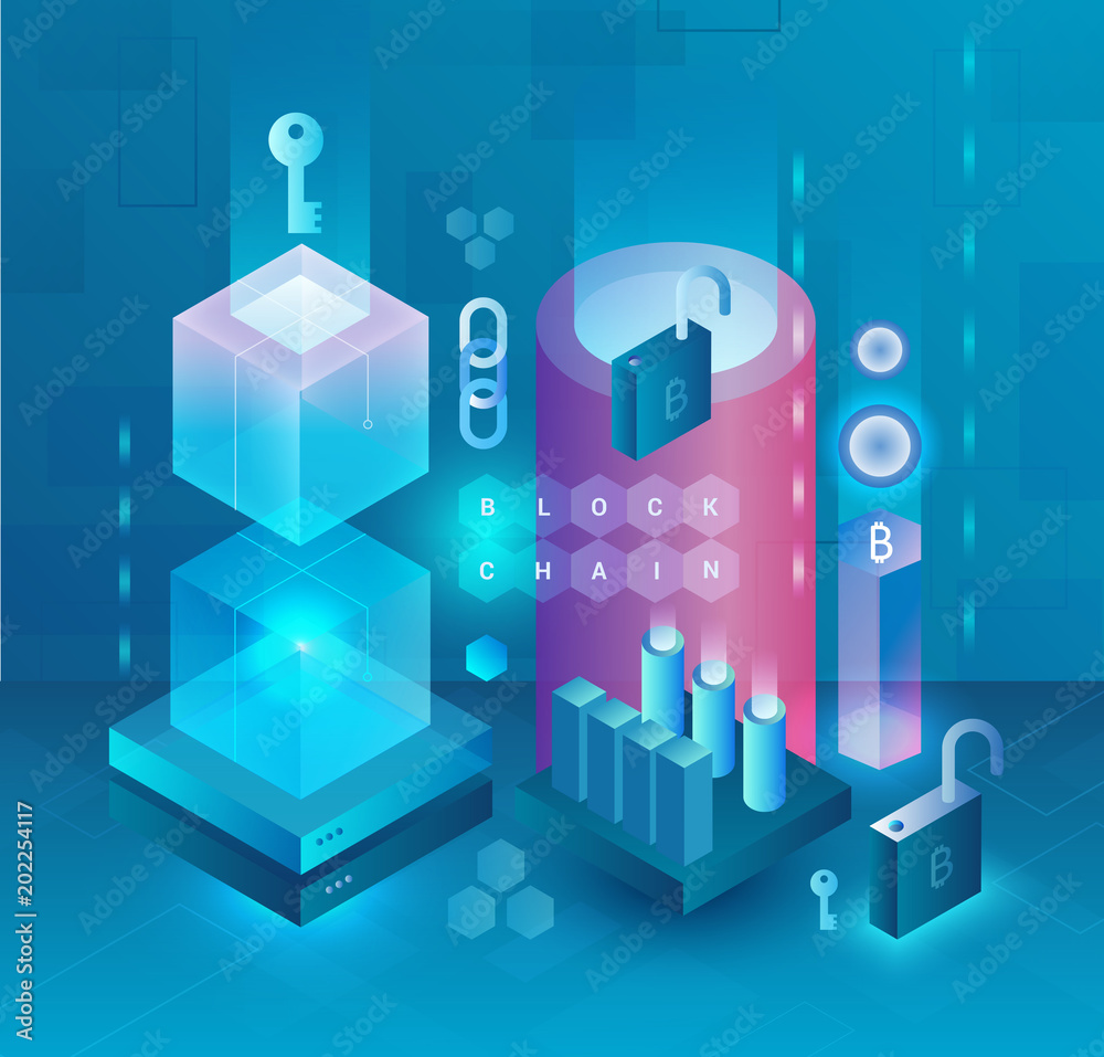 Poster Abstract cryptocurrency and Blockchain vector concept. Mining farm. Bitcoin, ethereum and monero. Digital money crypto market. Web design, presentation banner.