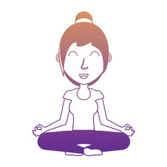 cartoon woman doing yoga with lotus posture over white background, colorful design. vector illustration